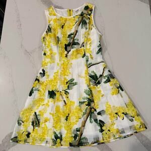 Holly Bracken Tropical Floral Sleeveless Midi Sheath Dress Women's Small Yellow